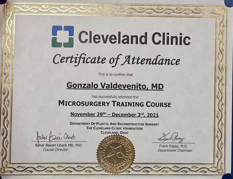 Certificado de Cleveland Clinic Microsurgery Training Course